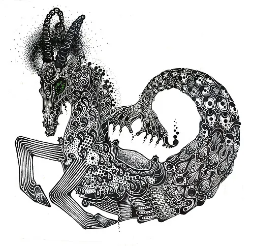 An ink capricorn creature, densely patterned